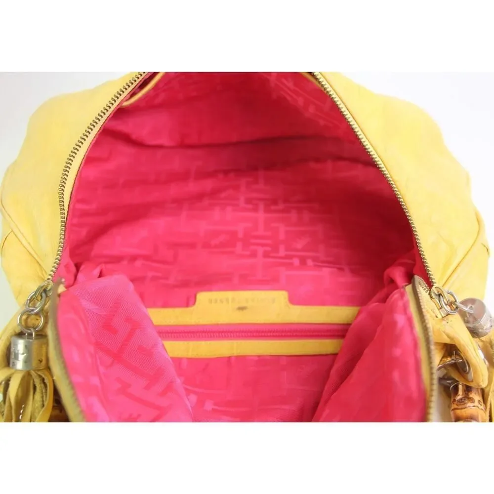 ROOMY Elaine Turner TOOLED YELLOW REAL LEATHER TASSELS SHOULDER BAG HOBO HANDBAG